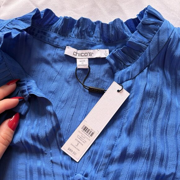 Chicos Womens Size 3 XL Blue Long Sleeve Button Up Top Blouse NWT 89.50 V Neck - Picture 2 of 7